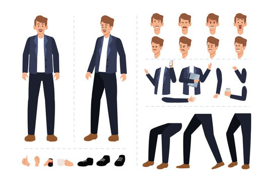 Man with mustache character for motion design with facial expressions, hand gestures, body and leg movement illustration