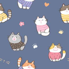 Seamless Pattern with Cute Cartoon Cat Design on Dark Blue Background