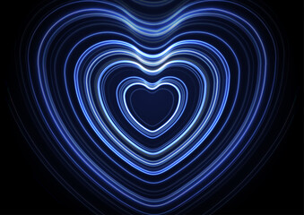 Neon blue glowing laser heart shapes abstract background. Valentines Day vector greeting card design