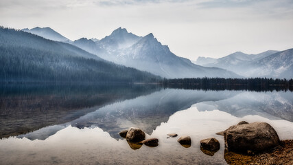 Mountain reflection on the lake in Stanley, Idaho. - obrazy, fototapety, plakaty