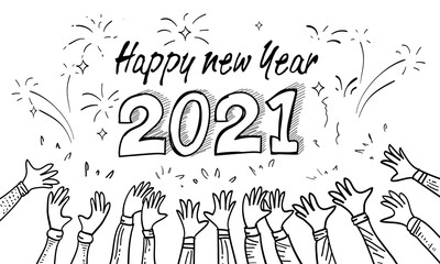 Happy 2021 New Year. hand drawn of doodle people hands clapping ovation. applause, gesture for celebrate. vector illustration
