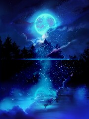 Fototapeta na wymiar bluely full moon and stars over the silhouette of northern forest reflected on water 