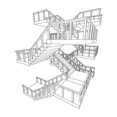Wireframe stairs, interior staircases steps with railing