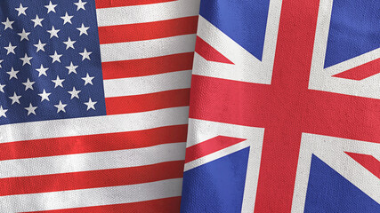 United Kingdom and United States two flags textile cloth 3D rendering