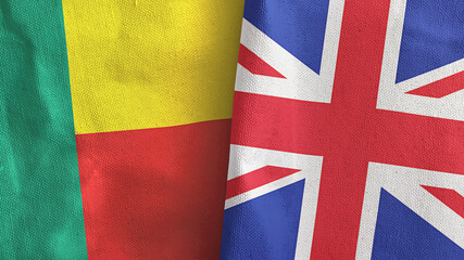 United Kingdom and Benin two flags textile cloth 3D rendering