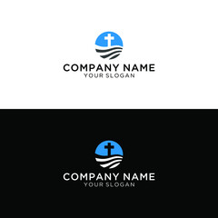 Christian church vector logo. Blue colored circle, crucifix, white flying dove, wave. Religious educational symbol. Abstract isolated graphic design template. Creative logotype concept.
