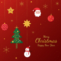 Christmas red banner cartoon pattern design gold snowflake style.