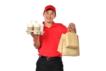 Asian delivery man in red uniform carry bags of food and drink in hands isolated on white background