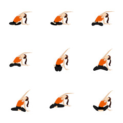Seated side stretch yoga asanas set / Illustration stylized woman practicing butterfly, lotus and other poses with side bend