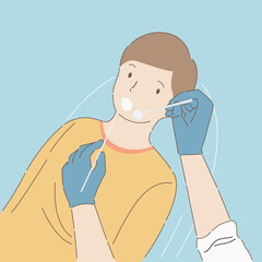 Dentist examining boy's teeth in dental clinic. Hand draw thin line style. Vector illustration.