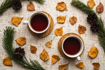 Two tea cups on wooden saucers on pastel background tablecloth with fall leaves in natural frame of pine branches and pine cones. Tea together concept. Top view