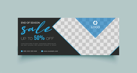 Sale facebook cover page timeline web ad banner template with photo place modern layout black background and cyan shape and text design - obrazy, fototapety, plakaty
