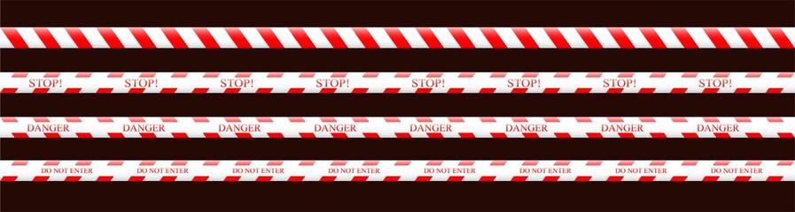 Warning tape in red and white and stop, danger, do not enter. Danger signs. Vector illustration