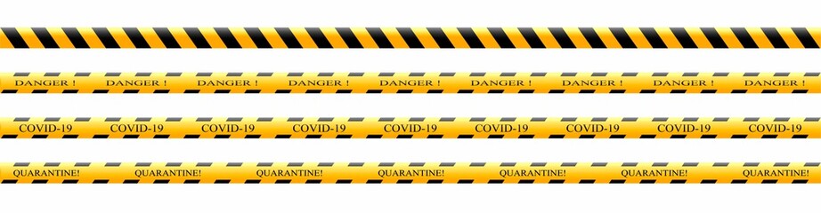 Warning tape in yellow and black with the words Danger, COVID-19, Quarantine. Vector