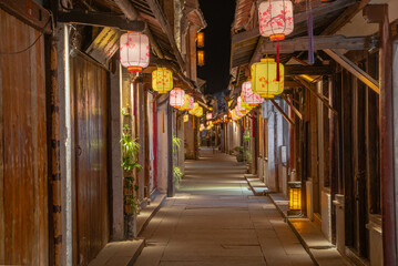Night view of the narrow street in Zhouzhuang, an ancient Chinese village in Jiangsu province, China.