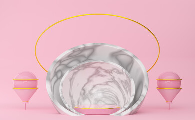 podium empty with geometric shapes in pink pastel composition for modern stage display and minimalist mockup ,abstract showcase background ,Concept 3d illustration or 3d render