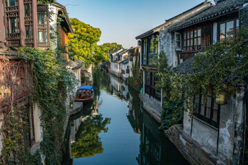 The sunrise view of the architectures and rivers in Zhouzhuang, a ancient Chinese village in...