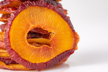 slices of dried plum on a white background. dried fruits. eco. macro.