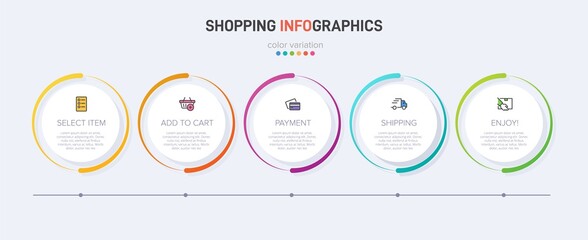 Concept of shopping process with 5 successive steps. Five colorful graphic elements. Timeline design for brochure, presentation, web site. Infographic design layout.
