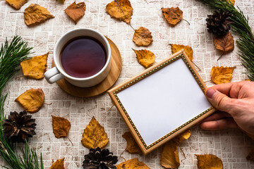 Holding empty photo frame near black tea cup against pastel shades background with autumn leaves among pine branches and cones. Memories of past concept. Copy space. Top view