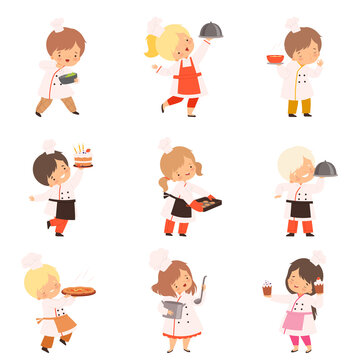 Little Chefs Cooking in the Kitchen Set, Boys and Girls in Uniform with Kitchenware Utensils and Freshly Prepared Dishes Cartoon Style Vector Illustration