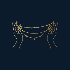 Beautiful hands holding a necklace vector line icon