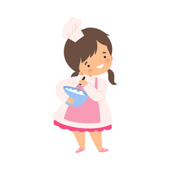 Cute Girl Holding Bowl and Whisk, Cute Little Chef Character in Uniform Cooking in the Kitchen Cartoon Style Vector Illustration