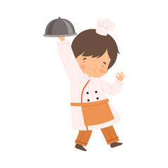 Cute Boy with Platter, Cute Little Chef Character in Uniform Cooking in the Kitchen Cartoon Style Vector Illustration