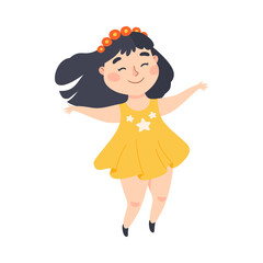 Cute Girl Happily Jumping, Joyful Kid Having Fun Cartoon Style Vector Illustration