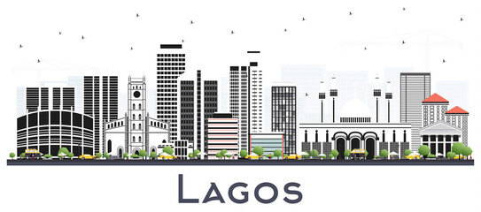 Lagos Nigeria City Skyline with Color Buildings Isolated on White.