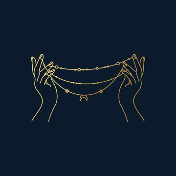 Beautiful Hands Holding A Necklace Vector Line Icon