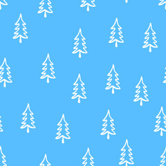 Obraz premium Christmas tree seamless pattern. Hand drawn doodle forest background. Retro holiday wraping paper. Vector monochrome pattern.