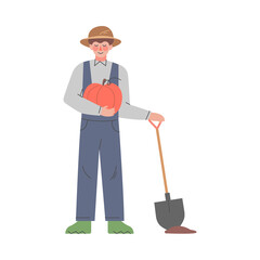 Man Farmer Gardener Harvesting Pumpkins, Male Agricultural Worker Character Working with Shovel in Garden or Farm Cartoon Style Vector Illustration