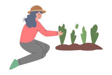 Woman Farmer Caring for PLants, Female Agricultural Worker Gardener Character Working in Garden, Eco Farming Concept Cartoon Style Vector Illustration