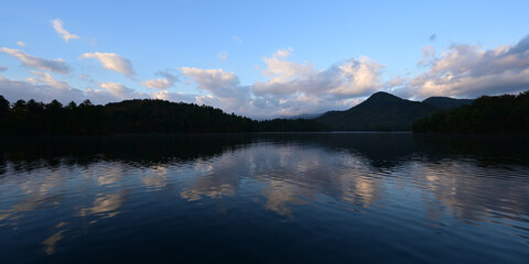 Fototapeta na wymiar Autumn landscape reflections on Lake Santeetlah, North Carolina.