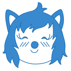 japanese style kawaii wolf emoticon with closed eyes, long eyelashes, flushed cheeks and shy smile, funny cartoon character with simplified facial expression, simple hand drawn emoji