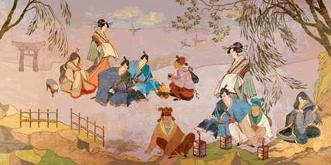 Altes China und Japan. Orientalische Menschen. Tee-Zeremonie. Samurai-Krieger und Geisha. Traditionelle Gemälde. Tradition und Kultur Asiens. Klassische Wandzeichnung. Wandmalereien und Aquarelle im asiatischen Stil © Matrioshka