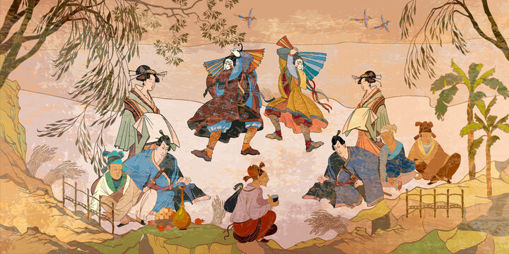 Tradition And Culture Of Asia. Classic Wall Drawing. Murals And Watercolor Asian Style. Ancient China And Japan. Oriental People. Tea Ceremony. Traditional Chinese Paintings