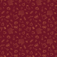 Seamless autumnal pattern. Line art style. Endless textures for your designs.