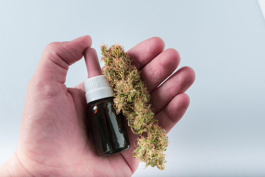 frasco de aceite de cannabis con cogollo en mano izquierda