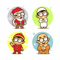 Cute Icon Mascot Men Greeting Santa Clause, Moslem, Chinese, Buddhist