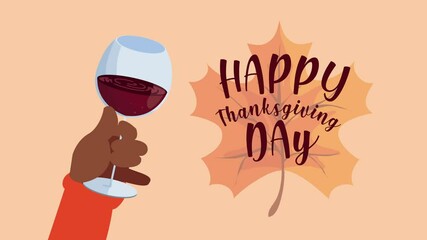 happy thanksgiving day animation lettering with hand lifting cup