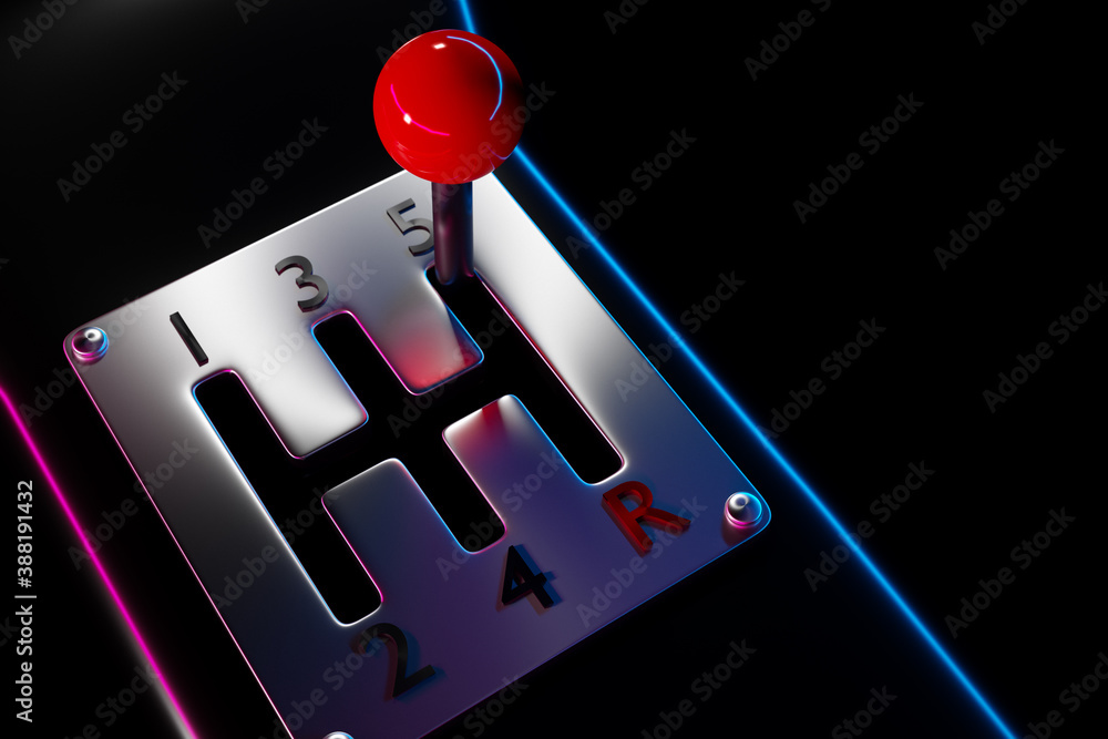 Poster close up of the manual gearbox transmission handle. accelerator handle and buttons in a new car.