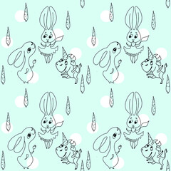 Cartoon hares, rabbits, snowman, bull in hats with horns-carrots have fun and dance on a winter background in snow lumps.