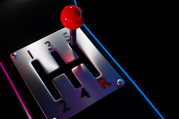 Close up of the manual gearbox transmission handle. Accelerator handle and buttons in a new car.