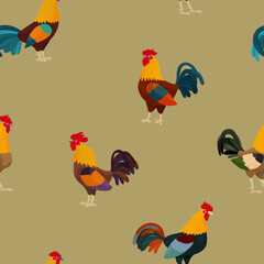 Vector illustration of a seamless pattern with roosters in cartoon style on green. Design of baby fabric, stationery or wrapping paper for Easter