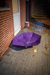 stretched umbrella lies on the leafy ground in autumn © karegg