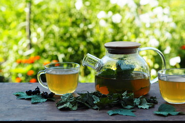 Tea in a glass teapot with cups with green leaves of black currant on a wooden colorful table.