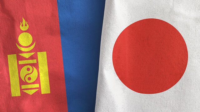 Japan and Mongolia two flags textile cloth 3D rendering