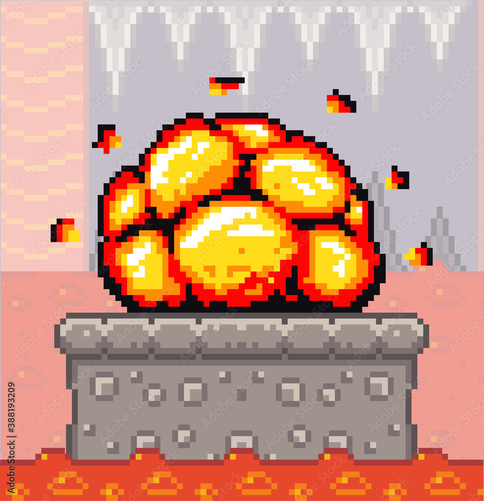 Poster pixel art game background with underground detonation of bomb. game scene concrete plarform with ban